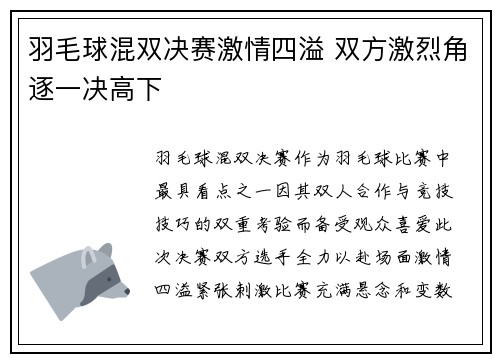 羽毛球混双决赛激情四溢 双方激烈角逐一决高下