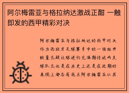 阿尔梅雷亚与格拉纳达激战正酣 一触即发的西甲精彩对决