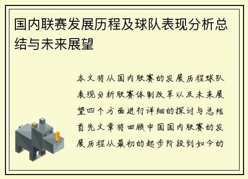 国内联赛发展历程及球队表现分析总结与未来展望