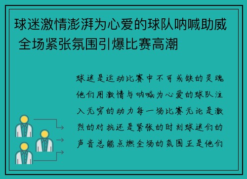 球迷激情澎湃为心爱的球队呐喊助威 全场紧张氛围引爆比赛高潮